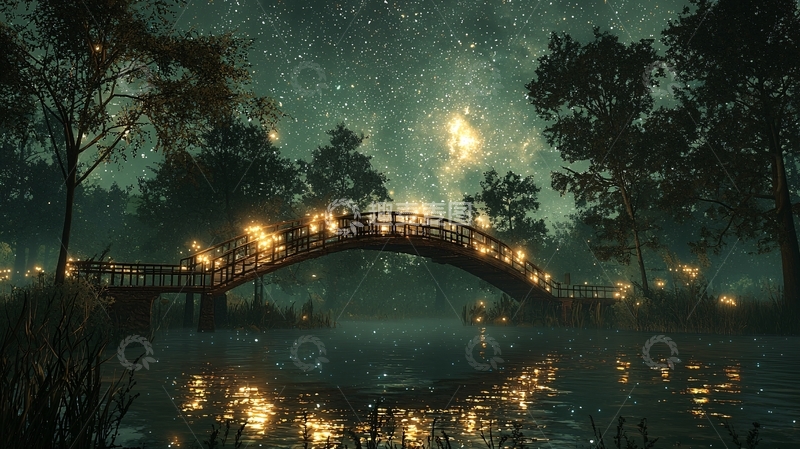 高清大图下载【趣麦麦图】夜晚森林小桥
