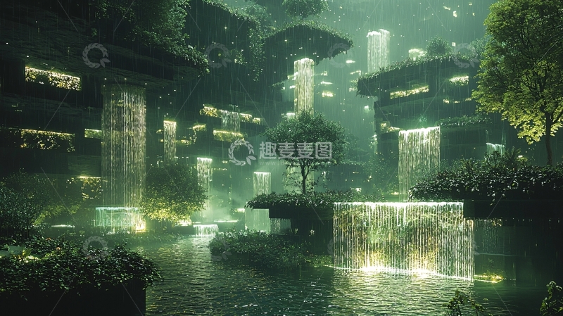 高清大图下载【趣麦麦图】梦幻绿植瀑布城市