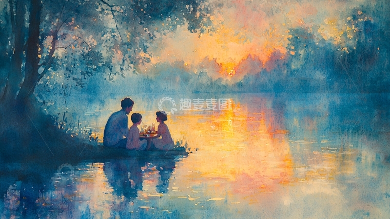 高清大图下载【趣麦麦图】傍晚湖边一家三口