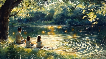 树荫下湖边一家三口