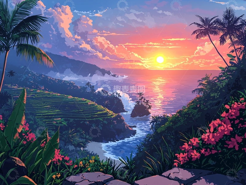 高清大图下载【趣麦麦图】热带海滩日落风景画