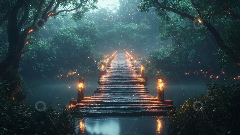 高清大图下载【趣麦麦图】雾气森林木桥