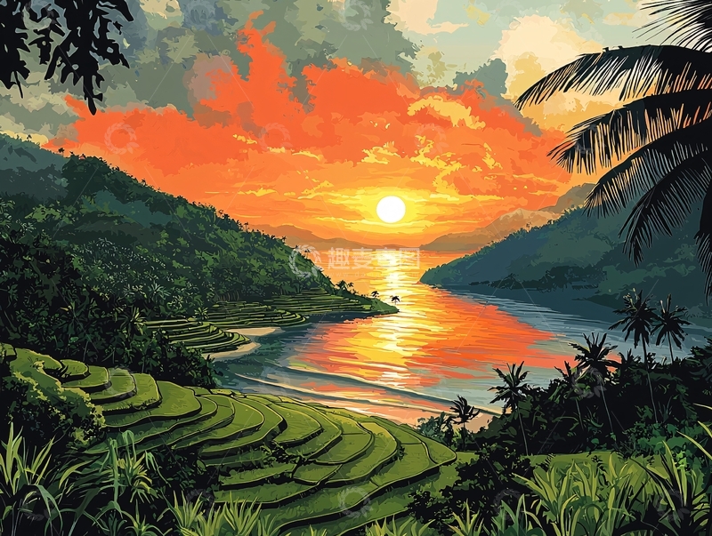 高清大图下载【趣麦麦图】热带海湾日落梯田美景