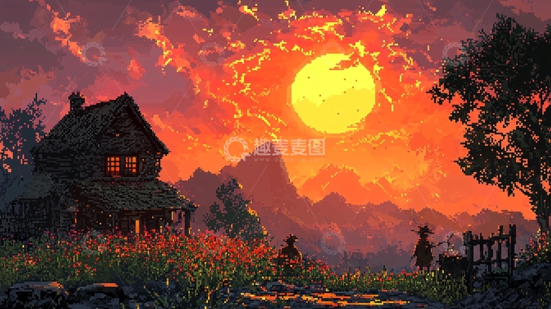 高清大图下载【趣麦麦图】夕阳西下小屋剪影
