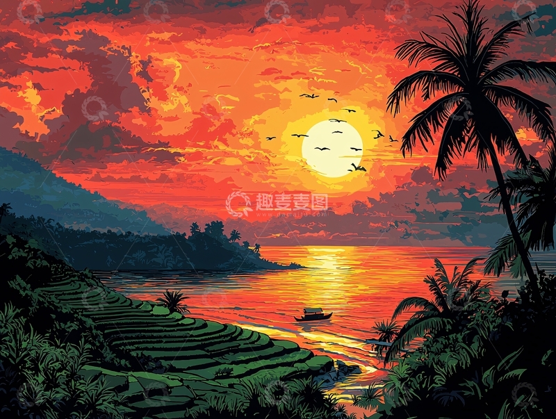 高清大图下载【趣麦麦图】热带海滩日落风景画