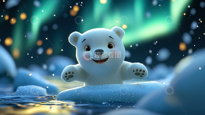 高清大图下载【趣麦麦图】极光下可爱北极熊