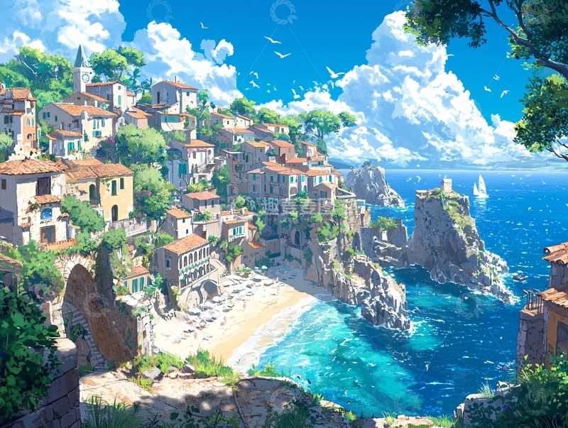 高清大图下载【趣麦麦图】阳光下的海边小镇