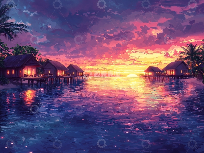 高清大图下载【趣麦麦图】梦幻海边木屋日落