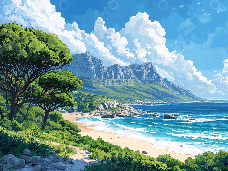 高清大图下载【趣麦麦图】阳光沙滩海边山脉风景