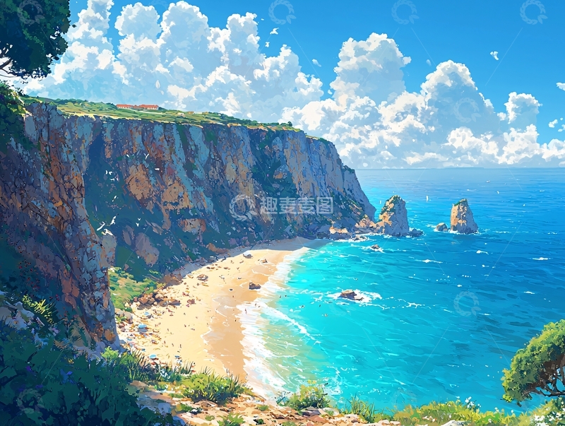 高清大图下载【趣麦麦图】阳光沙滩海边悬崖