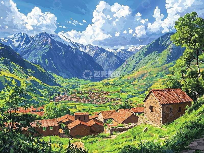高清大图下载【趣麦麦图】山村风景油画