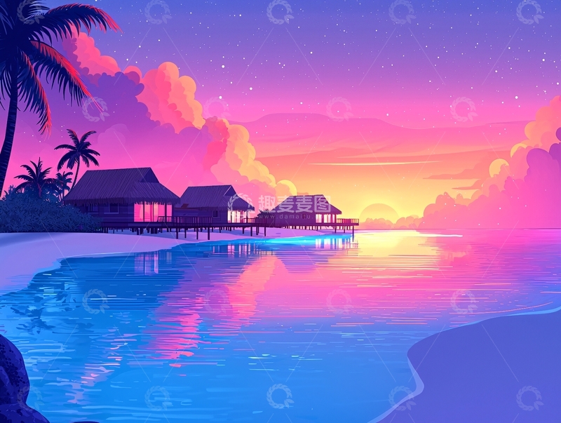 高清大图下载【趣麦麦图】唯美海边度假村落日