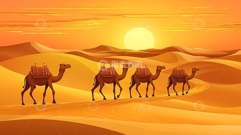 高清大图下载【趣麦麦图】沙漠驼队夕阳