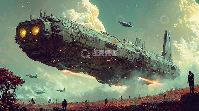 高清大图下载【趣麦麦图】科幻飞船降落荒凉星球