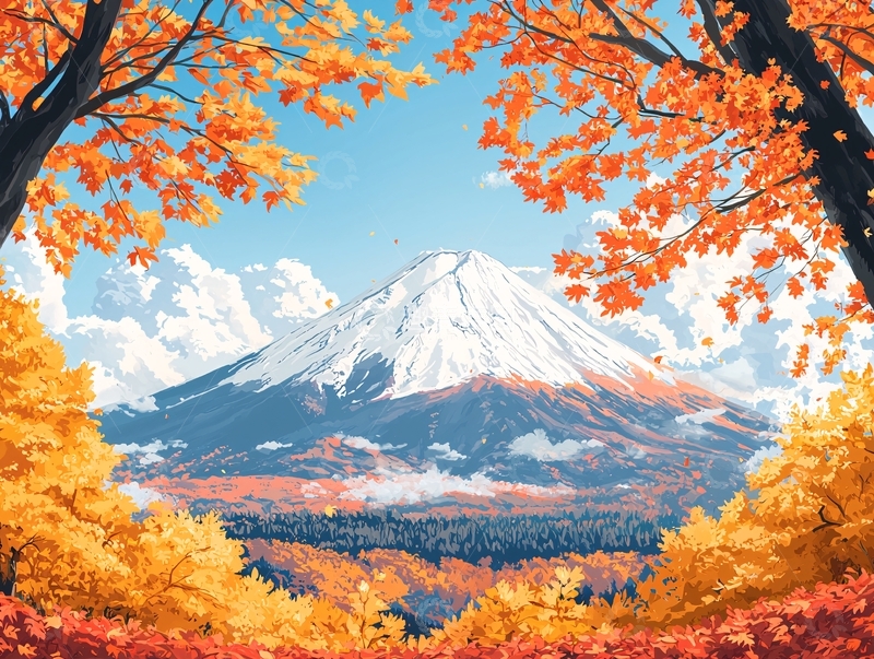 高清大图下载【趣麦麦图】秋日富士山枫叶美景