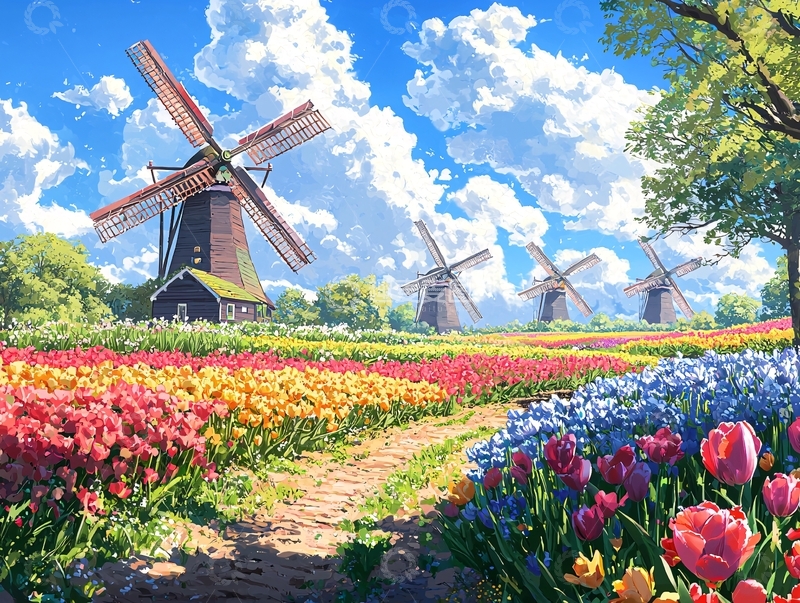 高清大图下载【趣麦麦图】风车田园彩色鲜花图