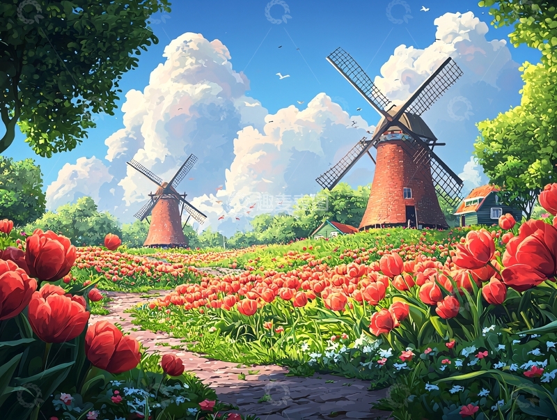 高清大图下载【趣麦麦图】郁金香花田风车风景画