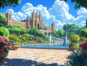 阳光下的哥特式建筑与花园