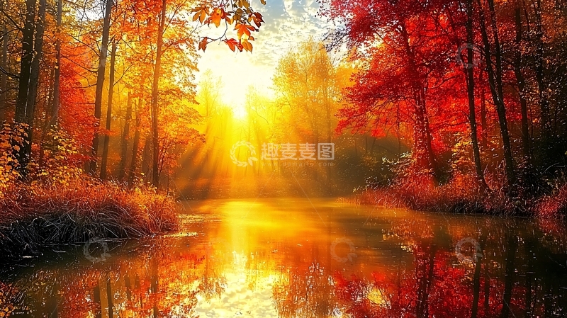 高清大图下载【趣麦麦图】秋日森林阳光倒影