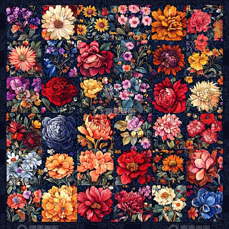 高清大图下载【趣麦麦图】各式花朵拼贴的绚丽图案