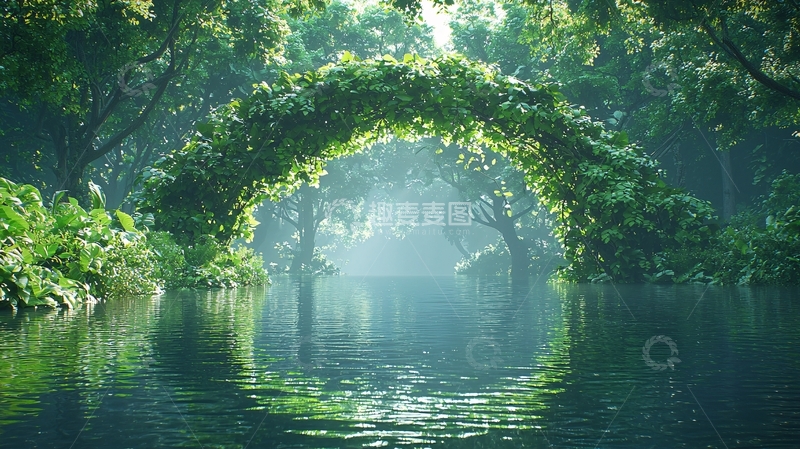 高清大图下载【趣麦麦图】绿植覆盖的水上桥梁