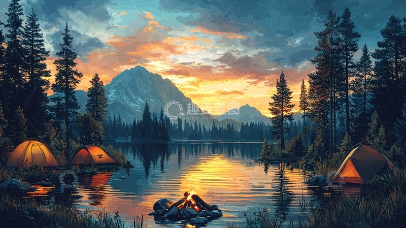 高清大图下载【趣麦麦图】宁静湖畔的露营地