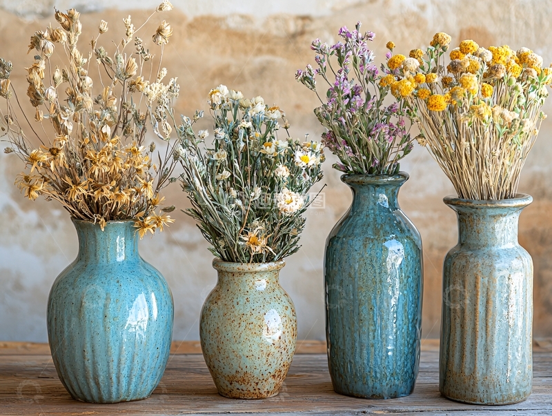高清大图下载【趣麦麦图】蓝色花瓶中的干花