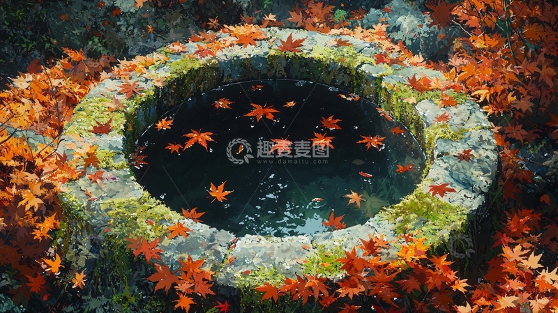 高清大图下载【趣麦麦图】秋日古井红叶飘落