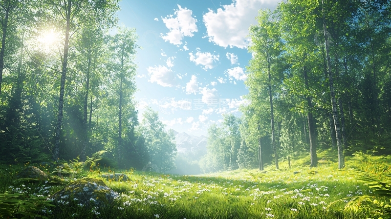 高清大图下载【趣麦麦图】阳光穿透森林的草地