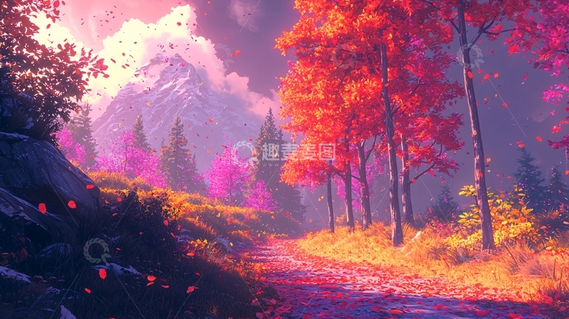 高清大图下载【趣麦麦图】秋日山景油画风格