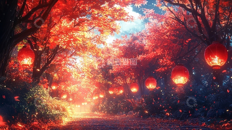 高清大图下载【趣麦麦图】红色秋季森林中的灯笼
