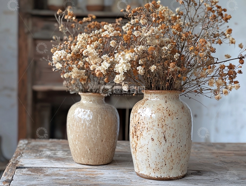高清大图下载【趣麦麦图】两只花瓶装着干花