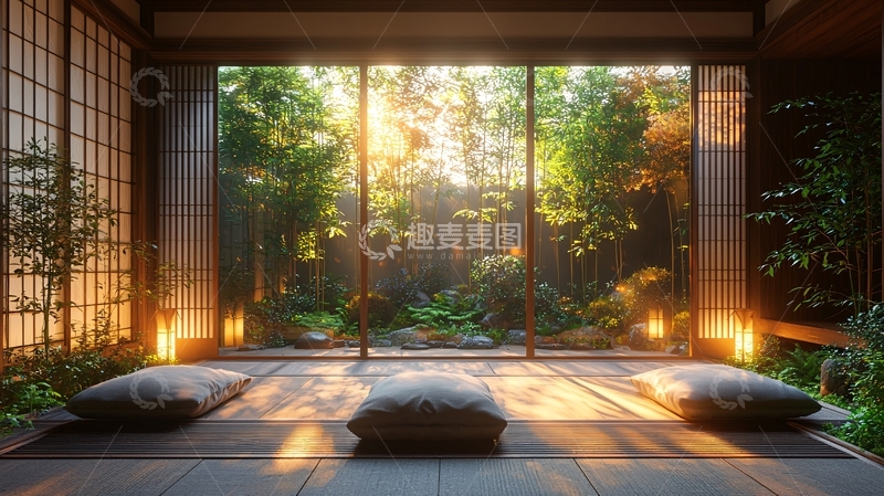 高清大图下载【趣麦麦图】日式房间通透窗外森林