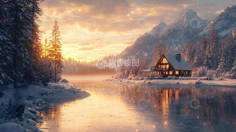 高清大图下载【趣麦麦图】雪山湖泊小屋日落美景