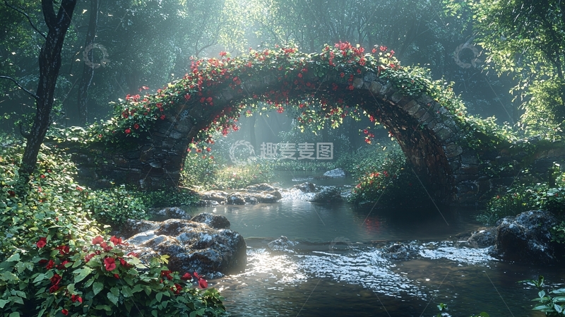 高清大图下载【趣麦麦图】绿意盎然的石桥