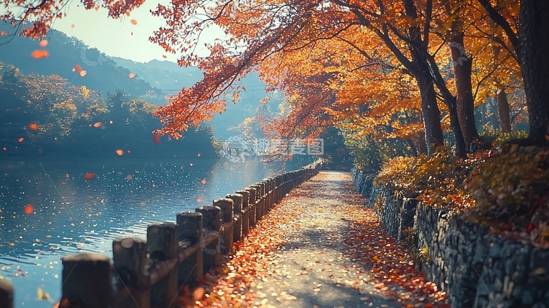 高清大图下载【趣麦麦图】秋天湖边小路落叶纷飞