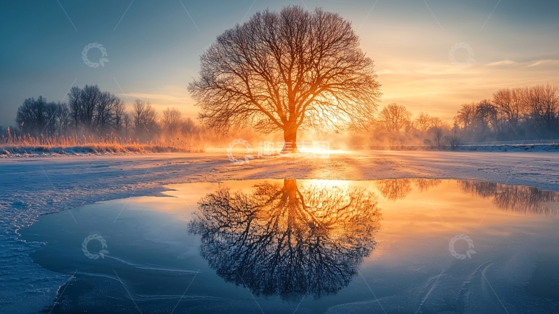 高清大图下载【趣麦麦图】冬季树木倒影在冰面上的暖光