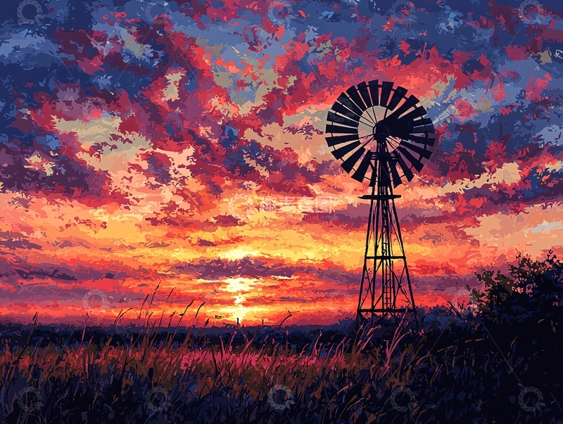 高清大图下载【趣麦麦图】田园风光夕阳下的风车