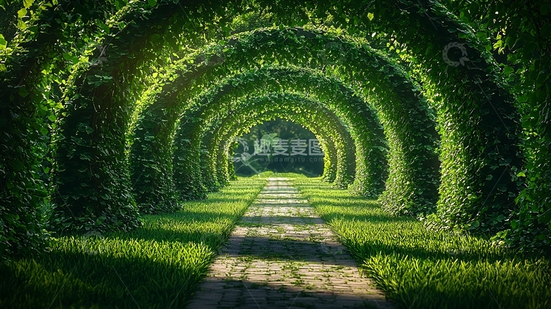 高清大图下载【趣麦麦图】绿色植物拱门下的幽径