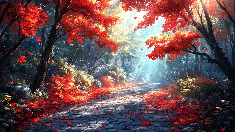 高清大图下载【趣麦麦图】秋日森林红叶小路