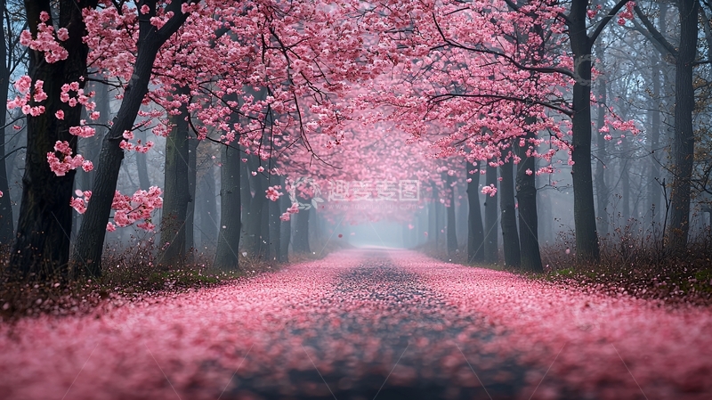 高清大图下载【趣麦麦图】粉色花朵盛开的林荫道