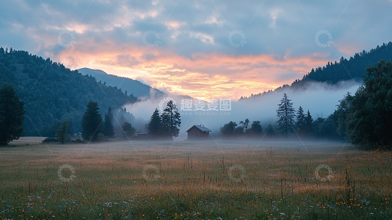 高清大图下载【趣麦麦图】宁静山谷间的日出薄雾