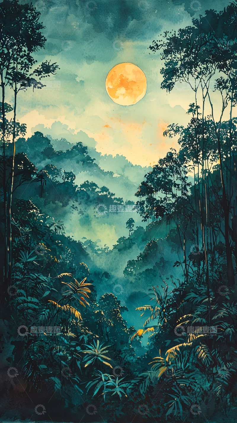 高清大图下载【趣麦麦图】月夜下的热带雨林