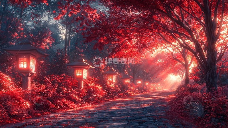 高清大图下载【趣麦麦图】红色树木小路上的灯笼