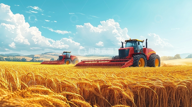 高清大图下载【趣麦麦图】金色麦田中的收割机