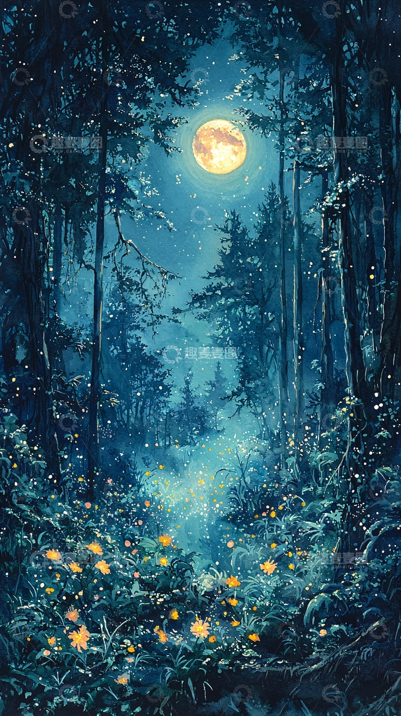 高清大图下载【趣麦麦图】月夜森林里的神秘光辉