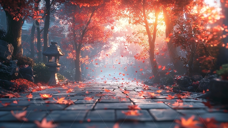 高清大图下载【趣麦麦图】秋日红叶飘零小路