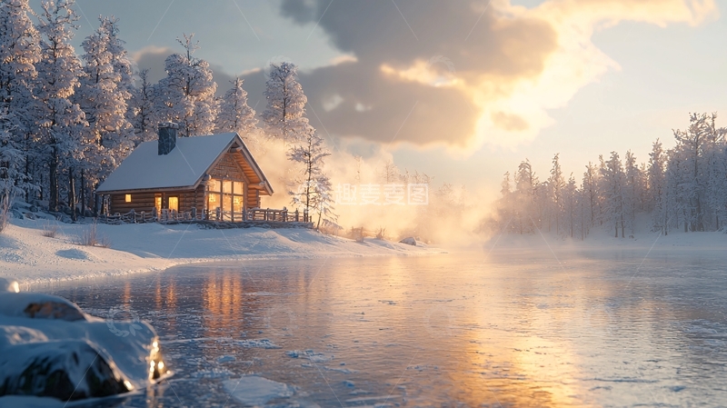 高清大图下载【趣麦麦图】冬季湖边小屋