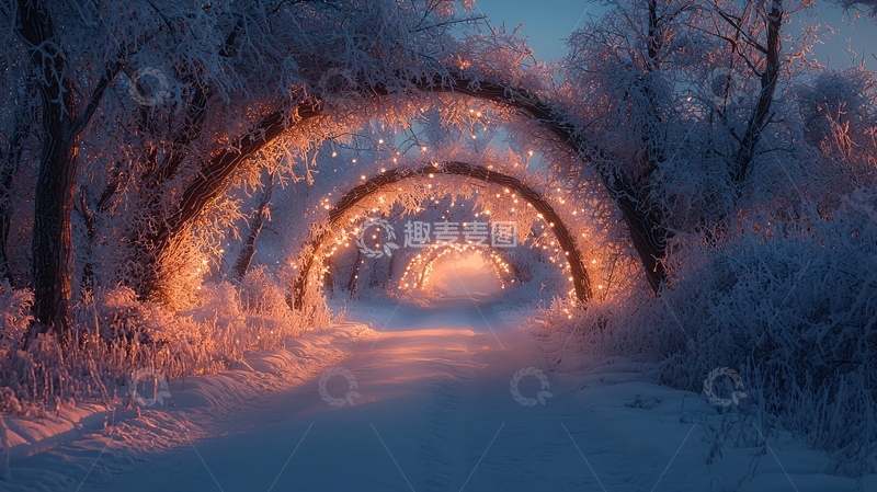 高清大图下载【趣麦麦图】雪地拱形灯光隧道