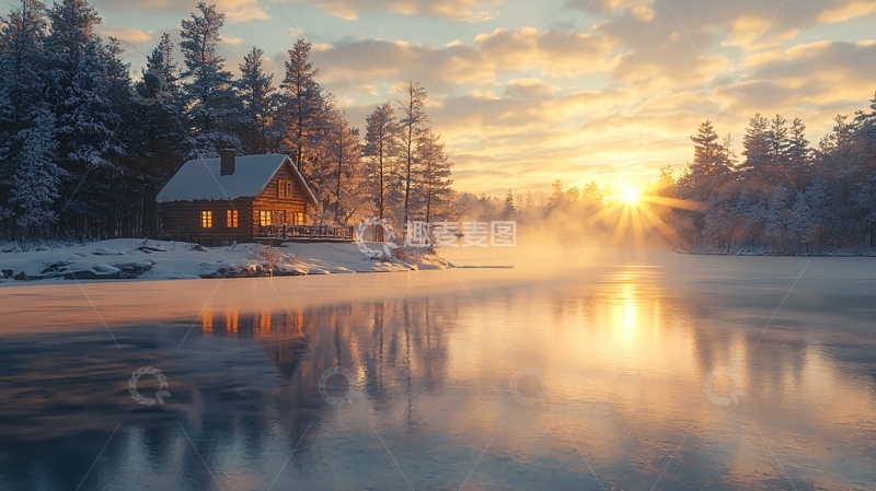 高清大图下载【趣麦麦图】冬日湖畔小屋的日出